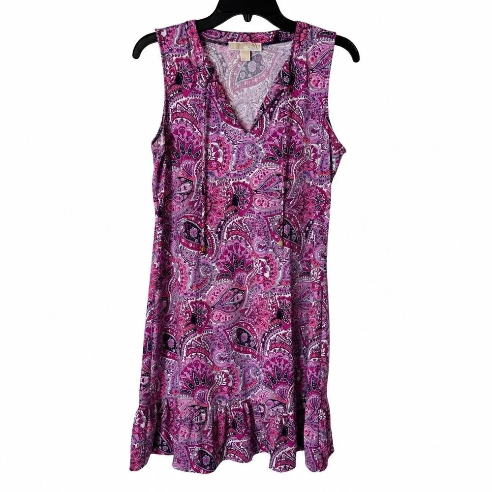 Michael Kors Dress Paisley Ruffle Hem Women M Pink Sleeveless Shift